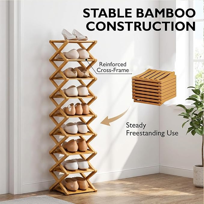 9 Tier Bamboo Shoe Rack, Foldable Shoe Rack, Shoe Rack, Ertical Shoe Organizer for Small Spaces, No Assembly Narrow Shoe Shelf for Entryway Closet Dorm (Brown, 5 Layers)