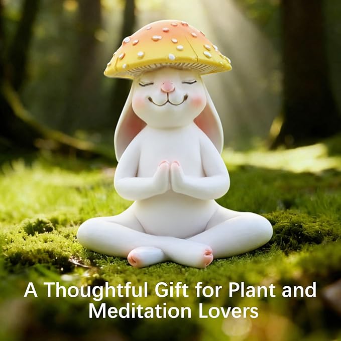 Meditation Mushroom Resin Statues – Cute Yoga Mushroom Figurines for Desk, Home, Office & Garden Decor – Zen Resin Sculptures for Living Room, Patio, Tabletop & Backyard (1 Pack, Rabbit)
