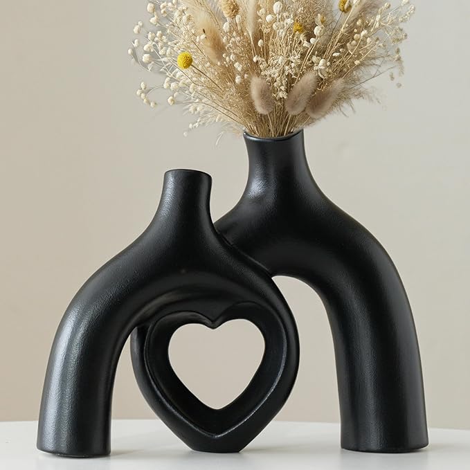 Hug Snuggle Hollow Donut Ceramic Vases, 9 Inch Modern Nordic Minimalist Decorative Vase for Home Decor Table Centerpiece Bookshelf Office Entryway Aesthetic Decoration (Matte Black)