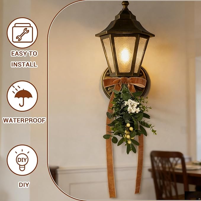 6 Pcs Spring Summer Green Eucalyptus Teardrop Swags 12" Artificial Eucalyptus Chandelier Swag Decor with Brown Velvet Bows Farmhouse Teardrop Wreaths for Indoor Outdoor Farmhouse Home Decor