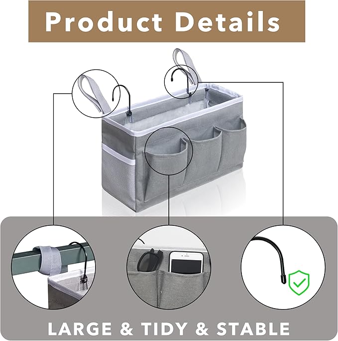 Bedside Caddy Hanging Storage Bag, Organizer Baskets with Pockets for Bunk Bed Accessories, Loft & Dorm Rooms Chair Bed Rails (White-2pcs)