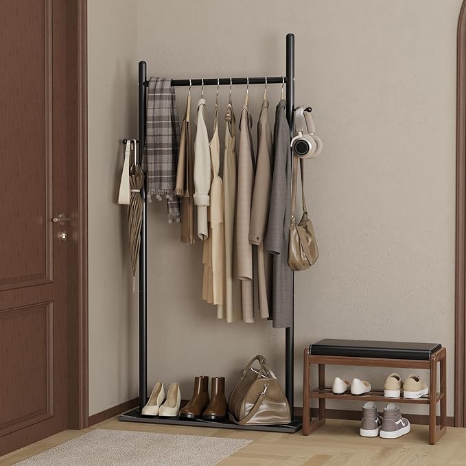 Nianerfaya Clothes Rack with 2 Hooks, Standing Garment Storage for Indoor - Coat Rack for Hanging Clothes for Bedroom - 25.6" Wide Garment Rack Metal Clothing Hanger Rack (Black)