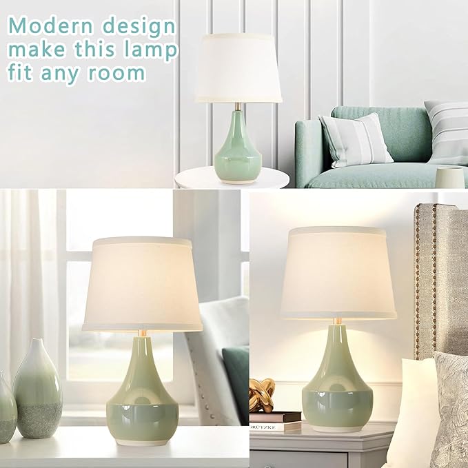 GyroVu 18" Table Lamp Set of 2, Ceramic Table Lamp Classic Beside Lamps Nightstand Lamp Modern Lamp for Living Room, Bedroom & Office Rocker Switch Sage Green-LED Bulbs Included