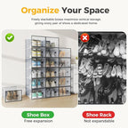 NEWBULIG 12 Pack Clear Shoe Storage Boxes, Shoe Organizer for Closet with Lid, Plastic Stackable Breathable Shoe Cabinet with Lid for Sneakers, Heels & Boots, Black