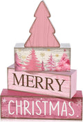 Lineshading 4 Pcs Christmas Table Decoration Wooden Pink Christmas Tree Centerpieces Decor Winter Tiered Tray Decor Rustic Decorative Tree Block Signs Gift Farmhouse Xmas Decoration for Home Kitchen