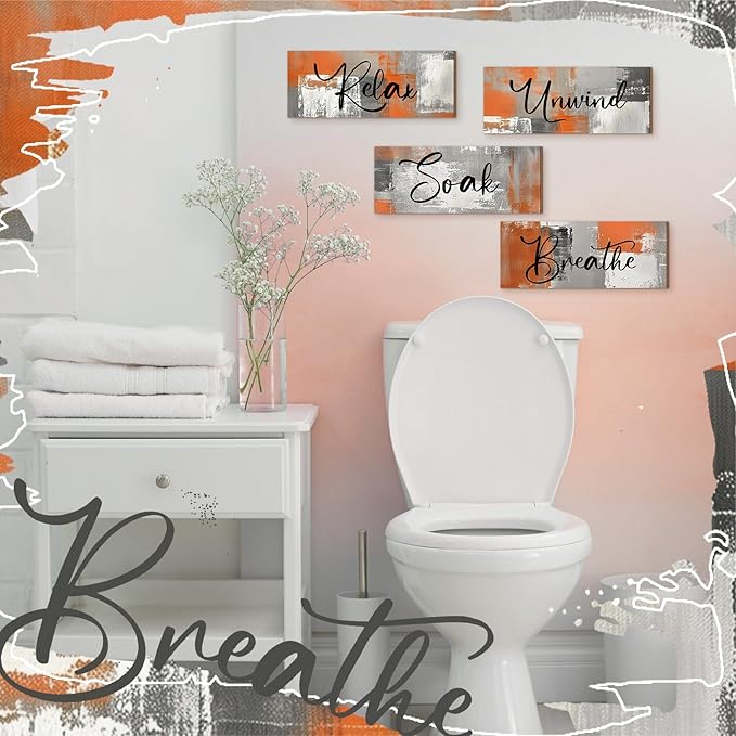 Maitys 4 Pcs Orange Bathroom Wall Decor 10 x 4 Inch Bathroom Wall Art Contemporary Wood Restroom Pictures for Soak Unwind Relax Hanging Sign Spa Rustic Vintage Farmhouse Pediments