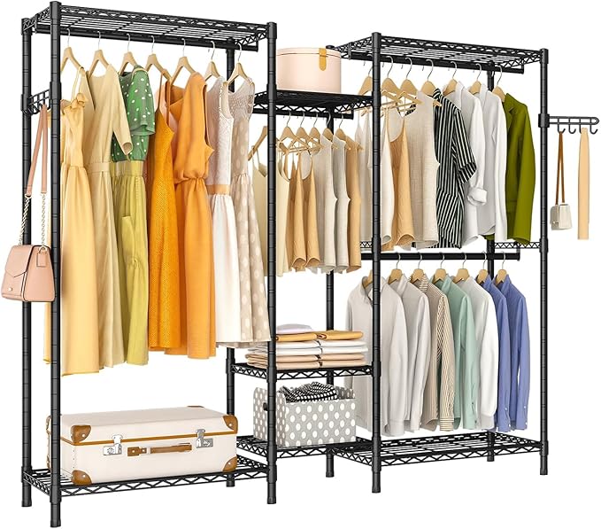 Heavy Duty Garment Rack, Portable Wardrobe Clothes Rack Freestanding Adjustable Clothing Rack with 7 Tiers Adjustable Wire Shelving and 4 Hanger Rods, Max Load 920LBS
