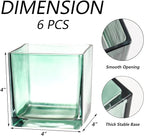 Square Glass Vases Set of 6, 4" x 4" x 4" Square Flower Vases for Centerpieces, Green Vase for Flowers, Small Vase for Wedding, Party, Home Office Decoration