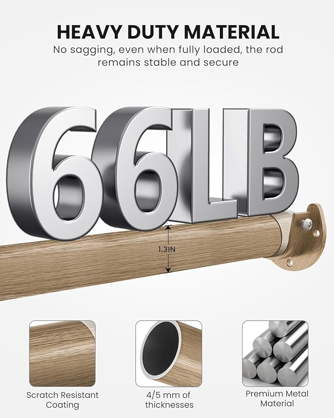 Closet Rods for Hanging Clothes, 17 to 54 Inches Stepless Adjustable Metal Closet Rod, 1.3 Inches Heavy Duty Clothes Hanging Rod for Closet Wardrobes Laundry RV(Wood Grain)