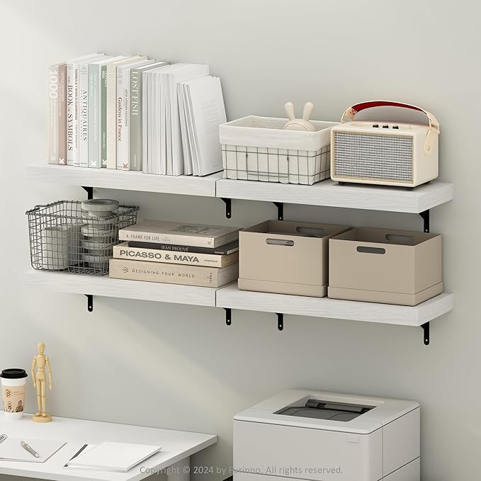 Furinno Tanna Floating Shelves for Wall Set of 4, 22-Inch Wall Shelf, Triple Thick Floating Mounted Shelf, for Bathroom, Home Office, Living Room, White Texture