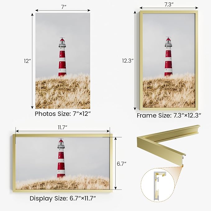 7x12 Aluminum Metal Picture Frame,Tempered Glass Gold Photo Frame 7x12 for Family Photo,Posters,Art,Document to Wall Mount Horizontally or Vertically
