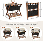 Full Assembled 26.77" L Luggage Rack for Guest Room, Set of 2 Foldable Suitcase Stand with 5 Nylon Straps & Cloth Bag, Luggage Stand Holder with Shoe Shelf for Suitcases Hotel (Walnut Bamboo)