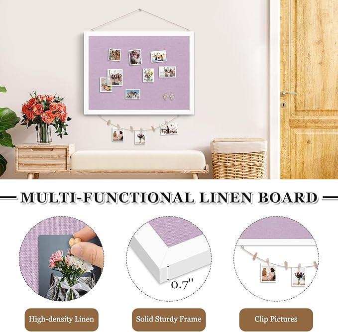 DOLLAR BOSS Bulletin Board with Linen Double-Sided 36" x 24" Linen Cork Boards for Walls Picture Display Vision Board for Office Home School Framed Picture Pin Board, 20 Pushpins 10 Clips, Purple