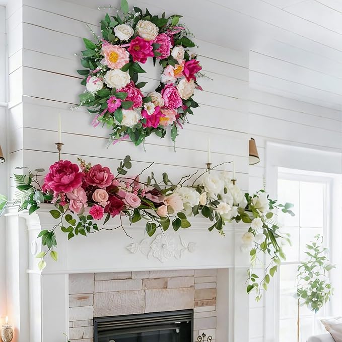 24 Inch Spring Wreaths for Front Door Outside,Artificial Silk Peony Rose Magnolia Spring Summer Wreath with Lavender Greenery | Luxury Summer Wreaths for Front Door-Indoor Outdoor Wreath Decor