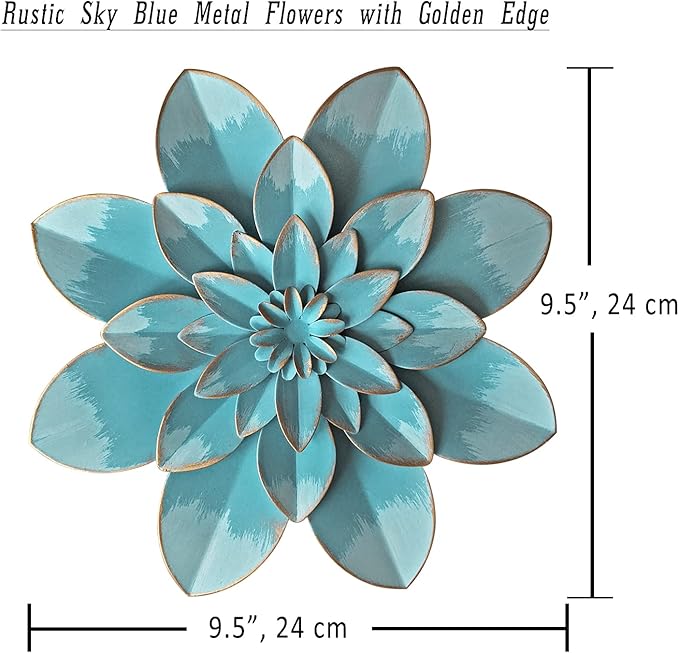 Light Sky Blue Metal Flower Wall Art Decor, 9.5“ Rustic Modern Floral Sculpture, Distressed Hanging Home Decoration Accent Artworks for Indoor Bedroom Living Room Office Outdoor Garden Patio
