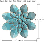 Light Sky Blue Metal Flower Wall Art Decor, 9.5“ Rustic Modern Floral Sculpture, Distressed Hanging Home Decoration Accent Artworks for Indoor Bedroom Living Room Office Outdoor Garden Patio