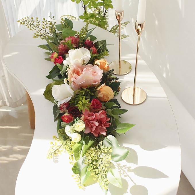 29 Inch Artificial Rose Flower Swag, Colorful Decorative Swags with Green Leaves Rose Hydrangeas Eucalyptus Leaves for Home Garden Lintel Wedding Arch Party Decor(Multicolor)
