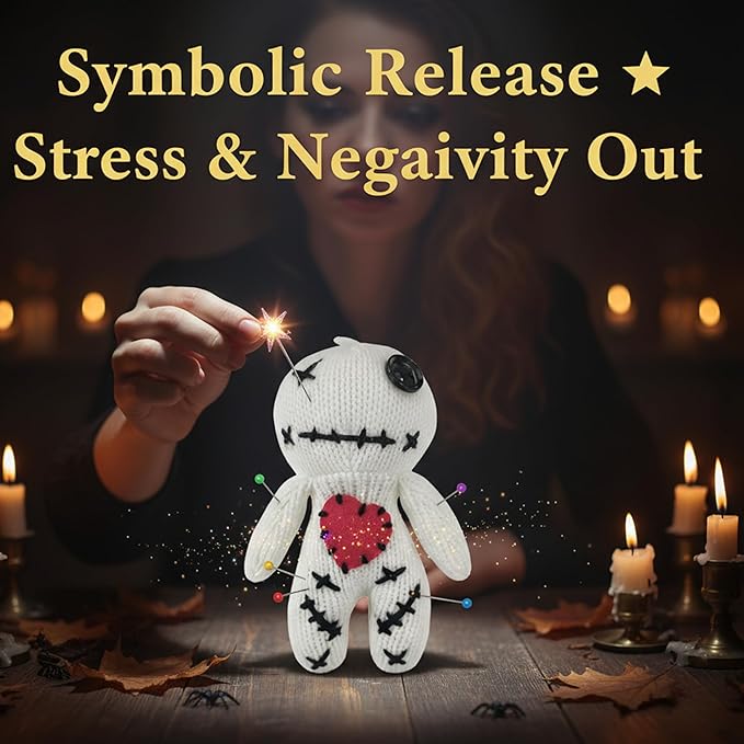 Voodoo Doll with 18 Pins, Handmade Creepy Horror Plush Ghost Doll for Stress Relief, Halloween Decoration, Funny Gag Gift for Friends & Coworkers for Adult