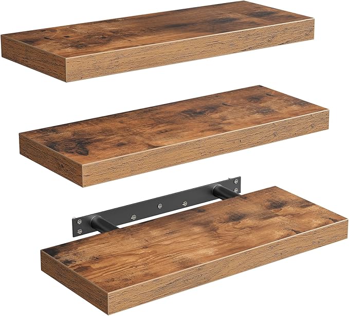 RALGEND Floating Shelves for Wall, 1.5" Thick Wall Shelf Set of 3 with Invisible Brackets, 15.7L x 7.9W Hanging Shelves Farmhouse Home Decor for Bathroom, Living Room, Bedroom, Rustic Brown 4301BJP3BF