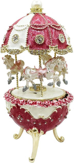 Carousel Music Box Figurine Pearl Dome, Rose Accents, Enameled Craft, Unique Home Decor & Gift Giving