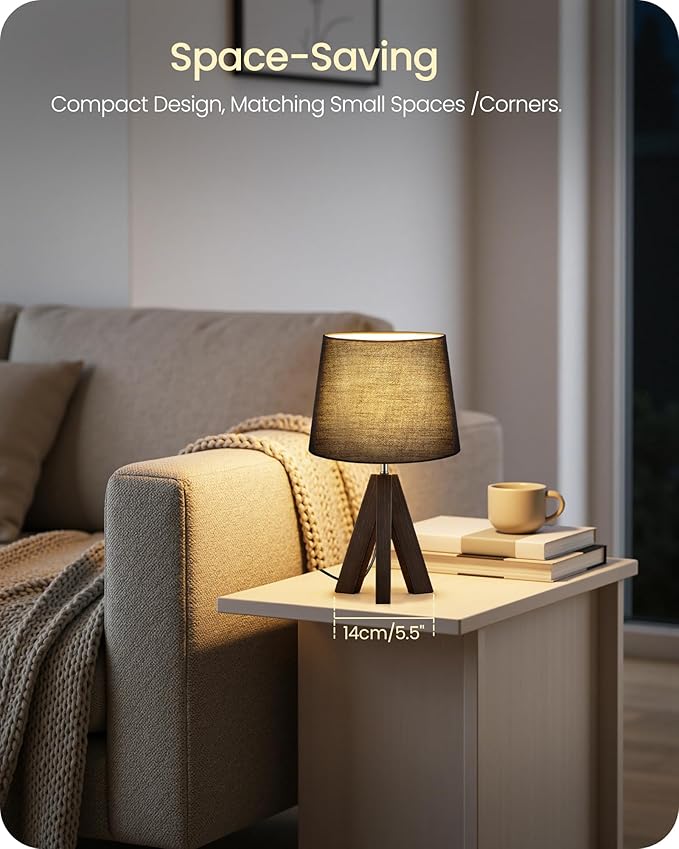 Tripod Table Lamp, 14.6" Small Bedside Lamp, Modern Nightstand Lamp with Black Shade & Dark Walnut Base, Black Table Lamp for Bedroom, Kids Room, Living Room, Study, E26 Socket, VB51TL05