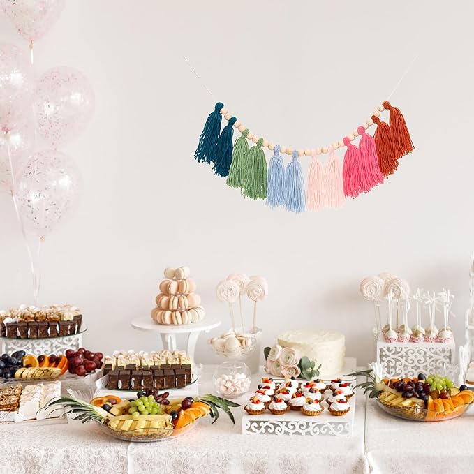 Boho Tassel Garland Yarn Bunting Banner with Wood Bead for Kids Nursery Room Bedroom Wall Hanging Decor Birthday Party Baby Shower Wedding Decor