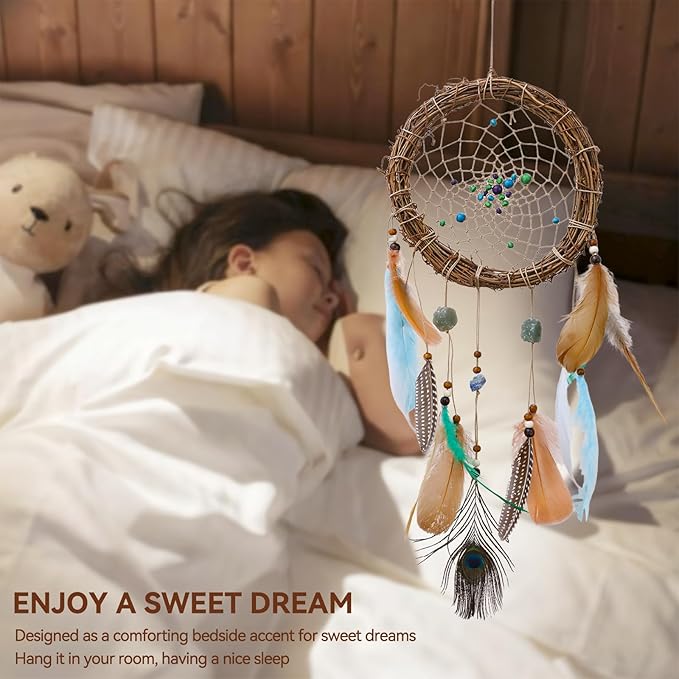 Rattan Dream Catchers with Peacock Feather, Boho Wall Decor Rustic Wooden Native American Wall Art for Bedroom Living Room (Green Blue Mix)