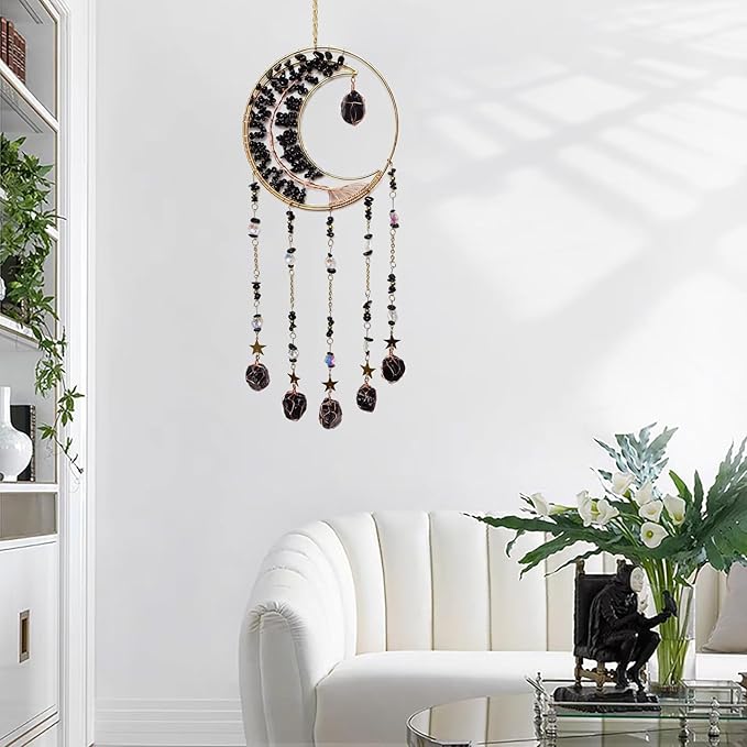Black Dream Catcher Wall Decor Crystal Tree of Life Dream Catchers with Stone Pendant Handmade Dreamcatcher Wall Hanging Ornament for Bedroom Living Room Home Decor