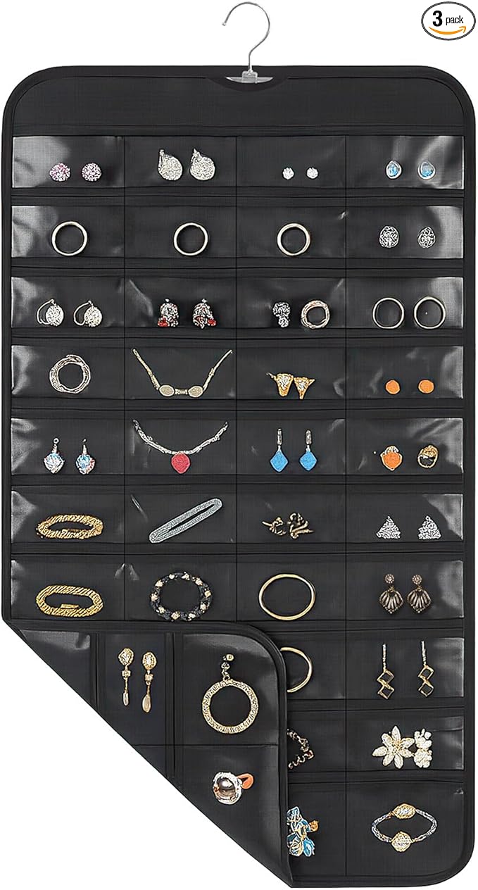 3 Pack Hanging Jewelry Organizer, 80 Clear Pockets earring organizer and storage, Accessories holder organizer for Closet, Jewelries, Necklace, Travel