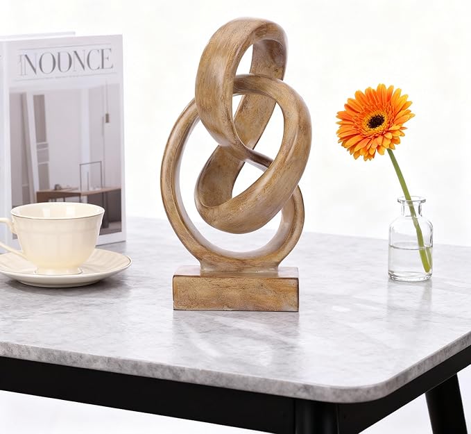 Abstract wood-toned knot sculpture, geometric decorative statue, wood-toned accent piece for living room coffee table or bookshelf surface, office TV cabinet or entryway console table decoration.