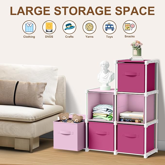 6 Cube Storage Organizer with Shelf Back to School Boxes 11 Inch Toy Storage Bins Closet Organizers Drawers Fabric Dresser for Playroom Books Bedroom Dorm Kitchen (Pink,Rose)