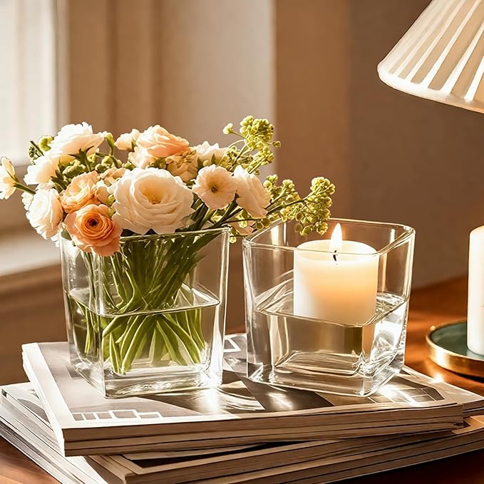 CONNOO 9 Pack Square Glass Vase 4" x 4" x 4", Clear Bulk Flower Vases for Centerpieces, Square Glass Cube Vase Floating Candle Holders for Wedding Party Home Decor