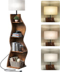 Evermagin 4 Tier Corner Shelf with Light, 64'' Tall Corner Bookshelf with Unique Shape, Stylish Wavy Bookcase Tower with Storage Organizer for Small Space, Living Room, Bedroom (Rustic Brown)