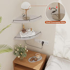 JJL Corner Shelf Wall Mounted, 12 Inches 2-Tier Floating Corner Shelf, Fan-Shaped Rustic Wood Decor with Fence, White Floating Shelves for Apartment Bedroom Kitchen Bathroom