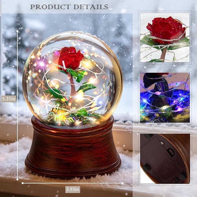 Rose Snow Globe Music Box, Preserved Red Rose Flower Musical Snow Globes, LED Light Up Rose Snowglobe Water Globe Romantic Gift for Women Girls in Mother's Day, Anniversary, Christmas