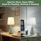 Small Bedside Table Lamp for Bedroom-Reading Desk Lamp Set of 2,with 3 Color Temperatures,15.5" Nightstand Ceramic Lamp with Fabric Shade for Kids Room,Living Room,Dorm,Home Office (Green)