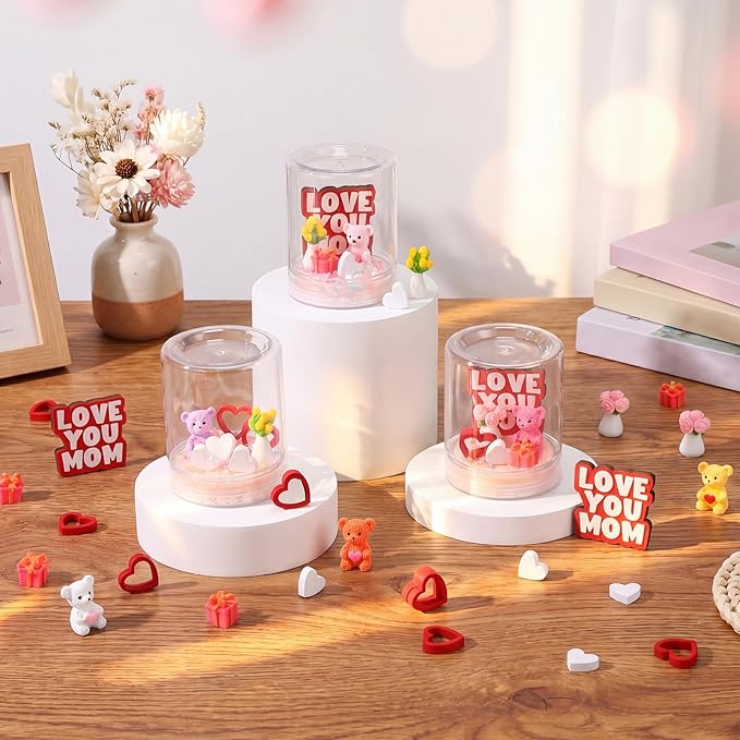 Sotiff 12 Sets Mother's Day Craft Bulk DIY Snow Globe Gift with Mini Resin Heart Bear Vase with Flower Figurines Gift Box 3D Love Heart Love You Mom Wooden Sign for Mom Birthday Classroom Activity