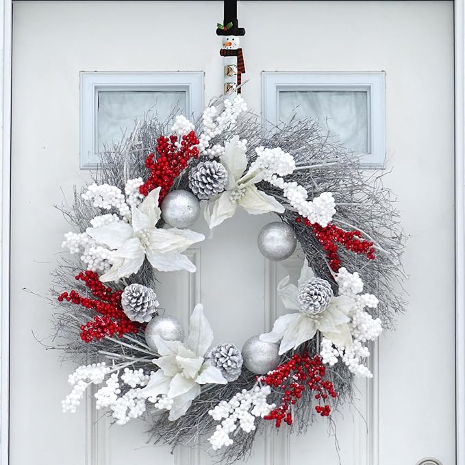 2 Pack Candy Cane Snowman Wreath Hangers for Front Door,Christmas Decoration Metal Over The Door Single Wreath Hook Ornament Door Wreath Hanger,Door Hanger for Wreath Front Door