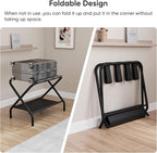 Smuxee Black Luggage Rack Pack of 2, Foldable Suitcase Stand with Fabric Storage Shelf, Luggage Holder with 4 Nylon Straps for Guest Room Bedroom Hotel