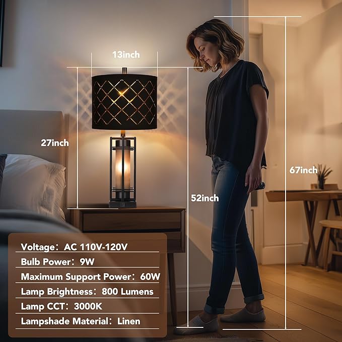 Modern Table Lamp Set of 2, Nightstand Lamps with Black Grid Shade, Bedside Lamps with USB A+C Charging Ports, Decorative Table Lamp, Square Base, Desk Lamps for Living Room, Bedroom, 2 Bulbs Included