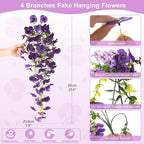 Fake Artificial Flowers for Outdoors, 4 Pcs Faux Hanging Pansy Flowers Spring Summer Decor, UV Resistant Fake Plants Silk Flower for Planter Front Door Porch Patio Yard Garden(Gradient Double Purple)