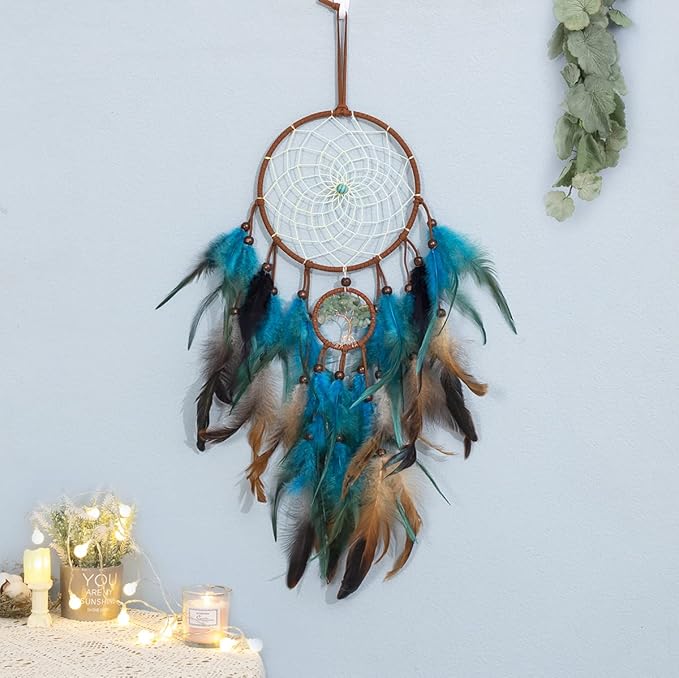 Dream Catcher Blue Tree of Life with Feathers, Handmade Indians Traditional Circular Net for Wall Hanging Decor, Bedroom Kids, Home Decoration Wedding Party Blessing Gift