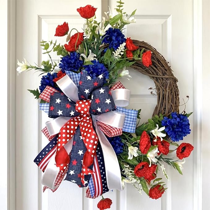 Patriotic Wreaths for Front Door, 250 Anniversary Decorations 4th of July Decorations Outdoor, Handcrafted Memorial Day Wreaths, Festival Celebration USA Flag Printed Wreath (D)