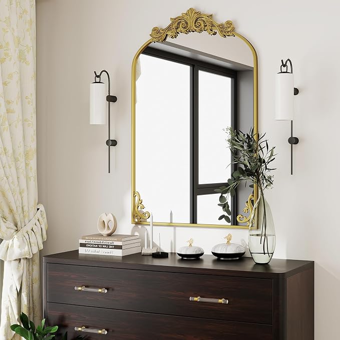 VooBang 24x36 inch Vintage Arched Bathroom Mirror - Gorgeous Wall Vanity Mirror with Beautiful Retro Top and Bottom Engraving Process Frame for Entryway Hallway Living Room, Gold