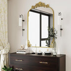 VooBang 24x36 inch Vintage Arched Bathroom Mirror - Gorgeous Wall Vanity Mirror with Beautiful Retro Top and Bottom Engraving Process Frame for Entryway Hallway Living Room, Gold