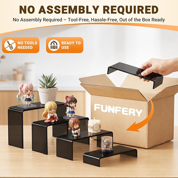 FUNFERY Acrylic Display Risers, 2 Set(7.8" L~8.2" L~8.6" L~9”L) Display Shelf for Figure, Collectibles, Cupcake, Black Acrylic Stands for Dessert, Jewelry, Candy Showcase, 4 Tier Action Figure Stand
