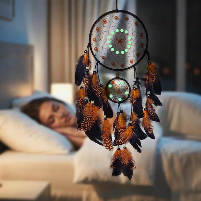 Orange and Black Dream Catcher Wall Decor Feather Dream Catchers with Luminous Bead Handmade Dreamcatcher Wall Hanging Ornament for Bedroom Living Room Home Decor
