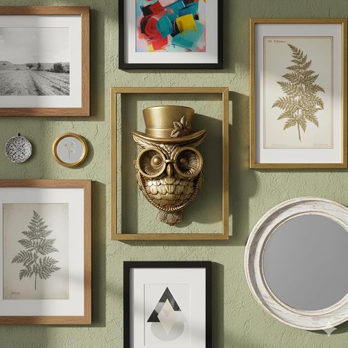 Newinhome Animal Heads Wall Decor (Includes Metal Frame) Halloween Resin Animals Sculptures Head Wall Hanging Decoration Gold vintage Wall Sculpture for Living Room Bedroom Office(Owl)