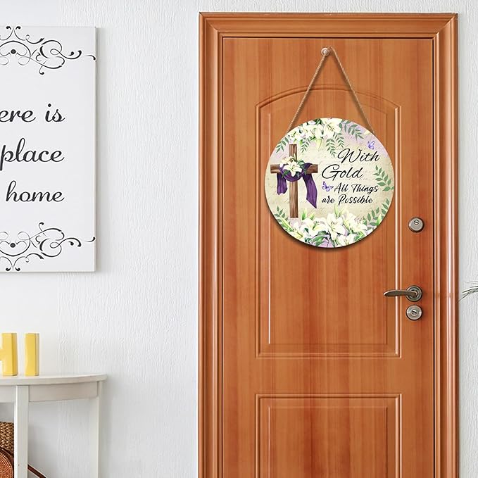 With Gold All Things are Possible Easter Front Door Sign Religious Cross Lily Flowers Wood Door Hanger Outdoor Outside Porch Decor Christian Lily Flowers Wooden Wreath Wall Hanging Decoration 12"x12"