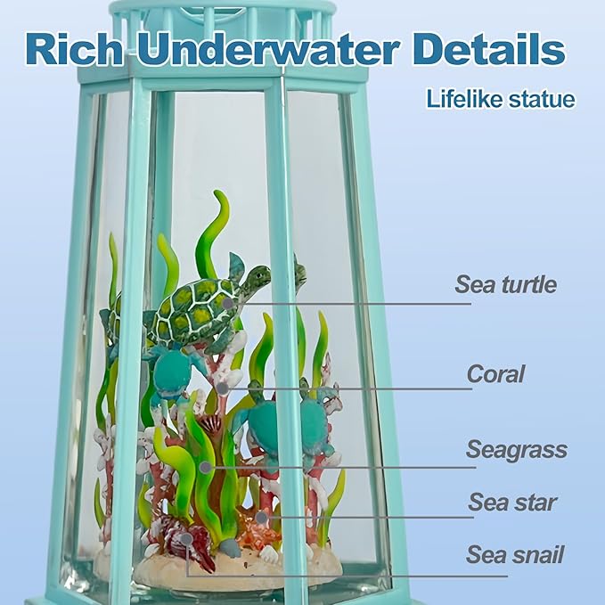 Ocean Themed Snow Globe Lantern with Music - USB or Battery Powered Light Up Water Lantern with Sea Turtle Swirling Glitter Water Globe for Summer Costal Ocean Decor Gift for Ocean Lover (Sea Turtle)